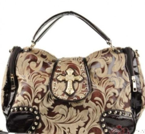 Designer Inspired Handbag w/ Flap over Magnate Button Rhinestone Cross Emblem - All That Glitters