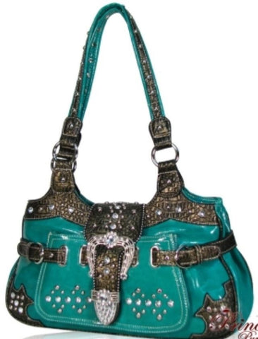 Designer Inspired Crocodile Skin Handbag w/ Fold Over Belt And Studs Accent-Turquoise - All That Glitters