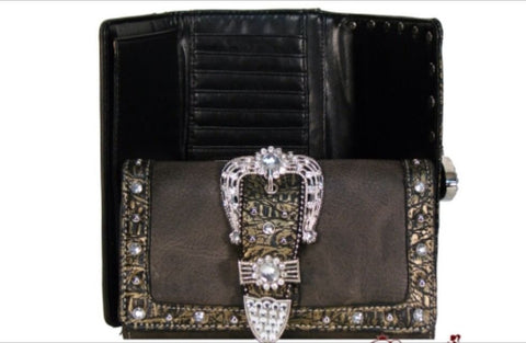 Designer Inspired Crocodile Skin Wallet w/ Fold Over Belt And Studs Accent - All That Glitters
