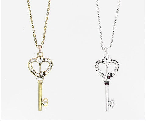 Rhinestone  Heart Key Necklace - All That Glitters